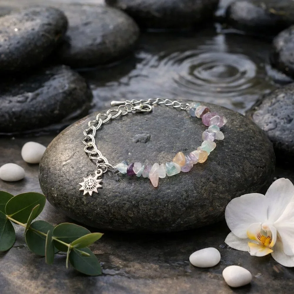 Rainbow Fluorite Silver Plated Bracelet Sun Charm Celestial Boho Crystal 7.5